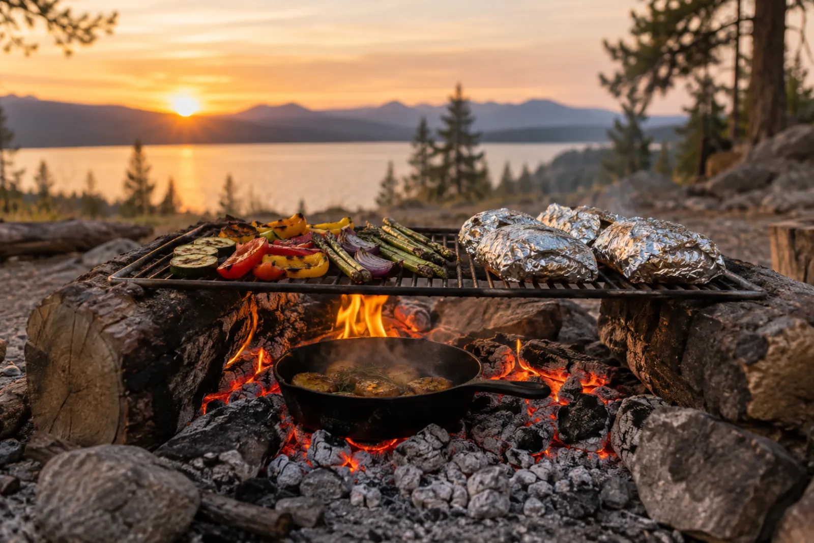 Oven rack and foil used as improvised grill rack substitutes over a campfire