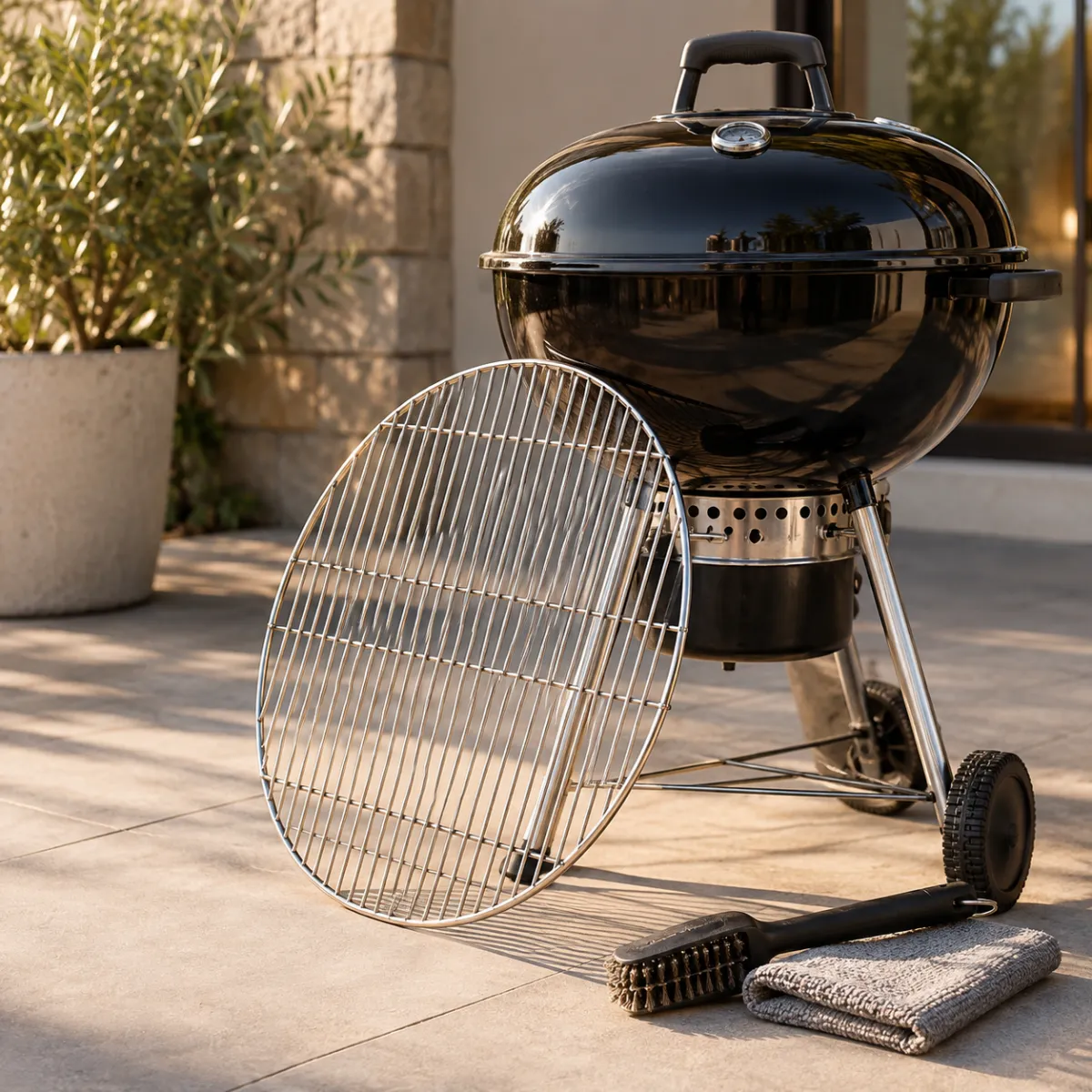 Clean stainless steel grill rack leaning against a closed grill after cleaning
