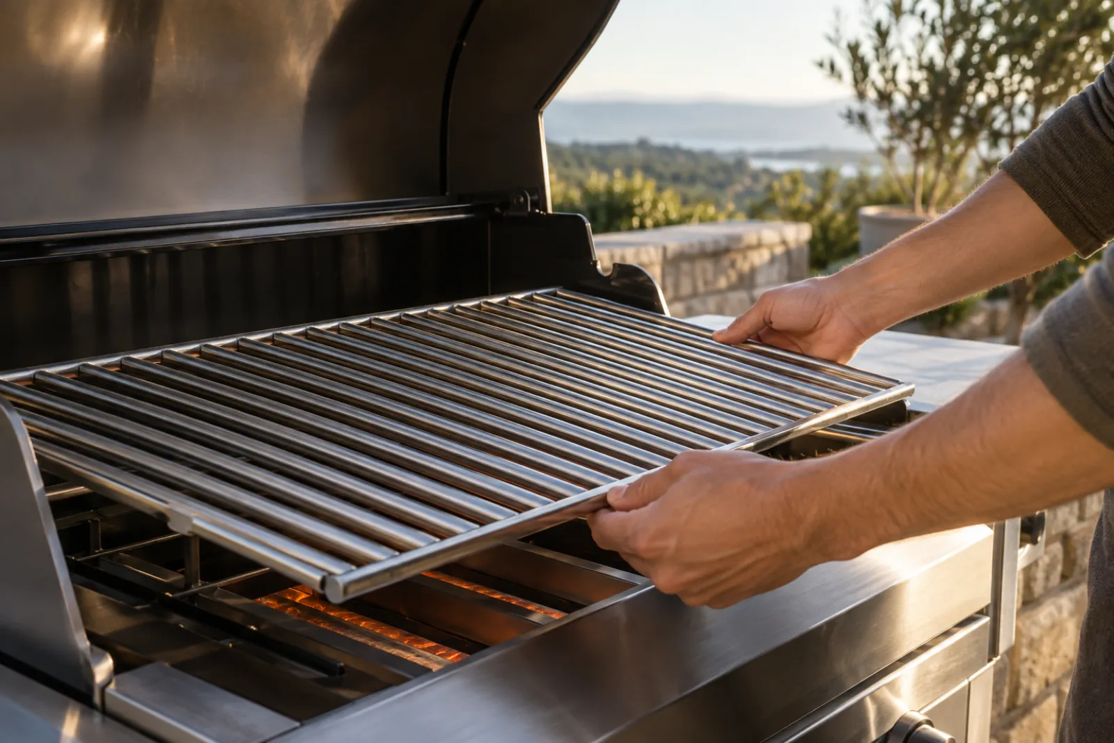 New heavy-duty stainless steel grill rack installed in a grill ready to cook