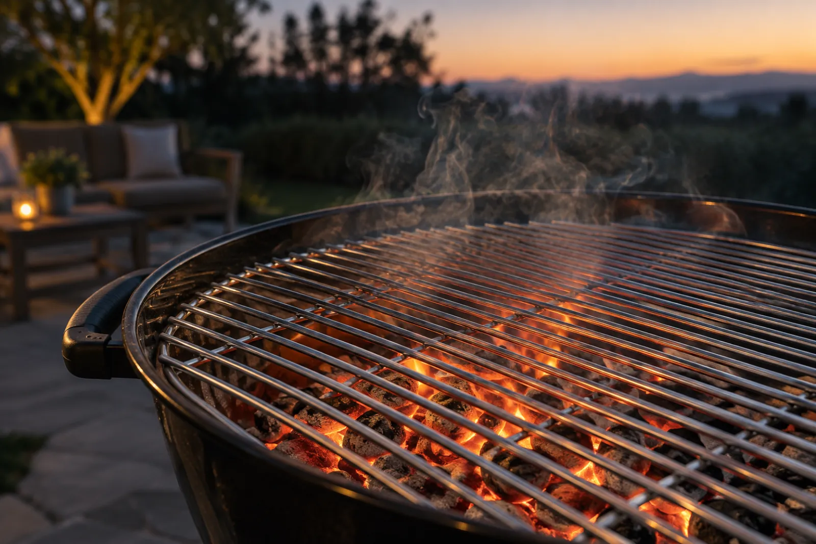 Heavy-duty stainless steel grill rack sitting over glowing charcoal in a round kettle grill