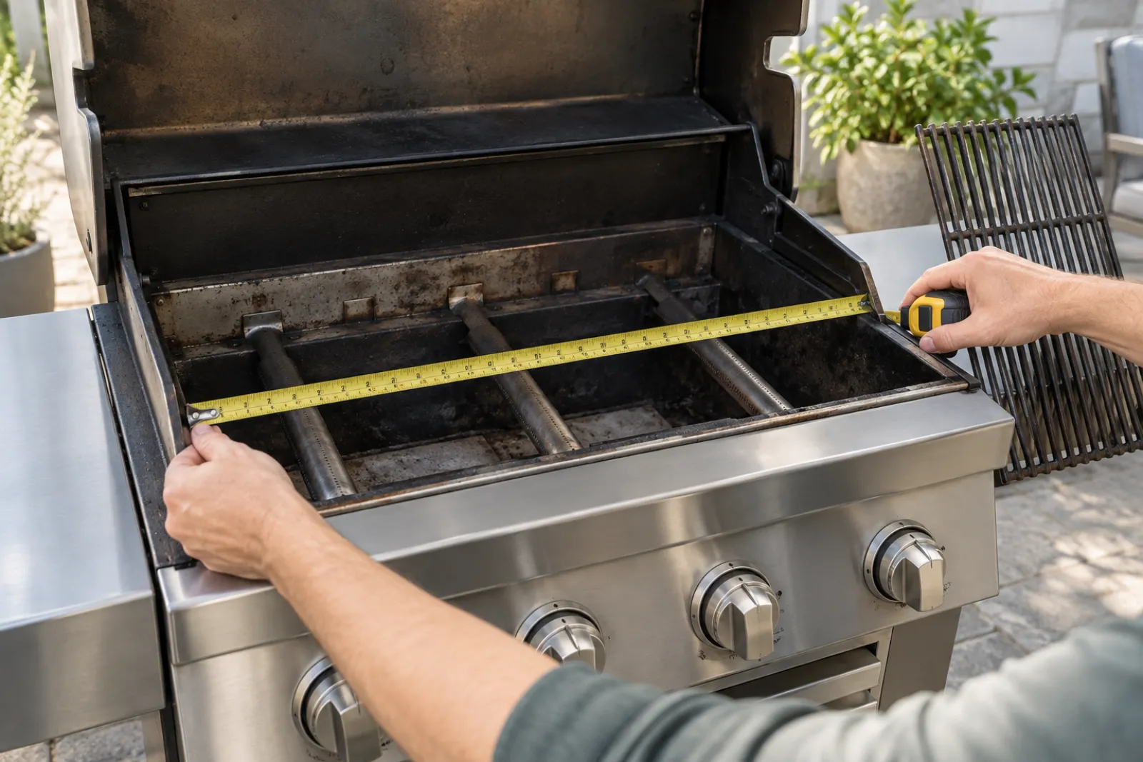 Tape measure across the cooking surface of an open gas grill to check grill rack fit