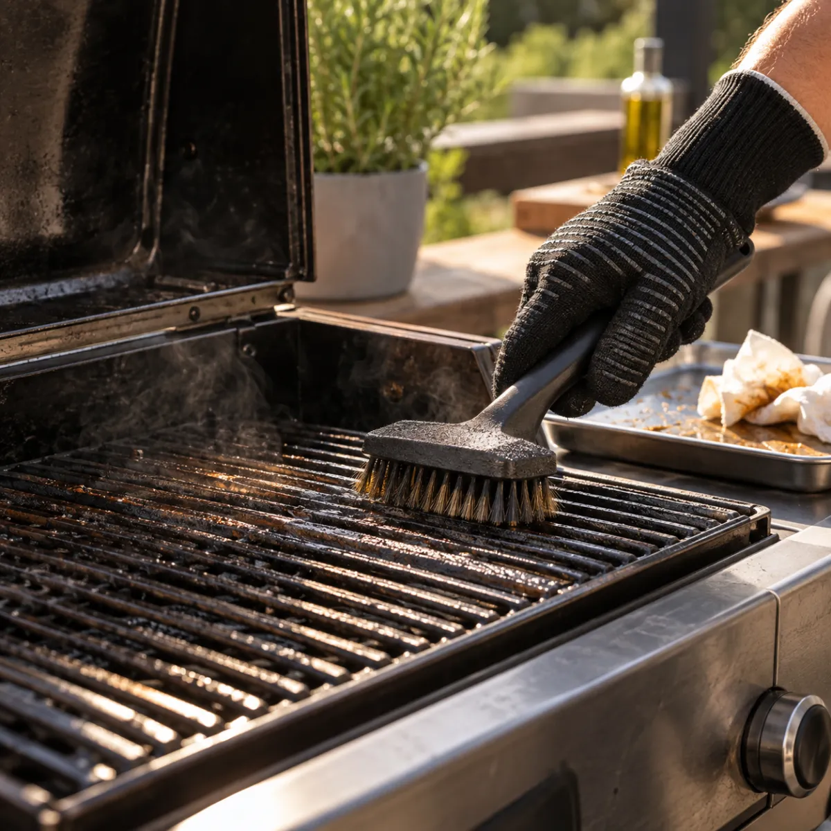 Wire grill brush cleaning a warm grill rack with a drip pan underneath