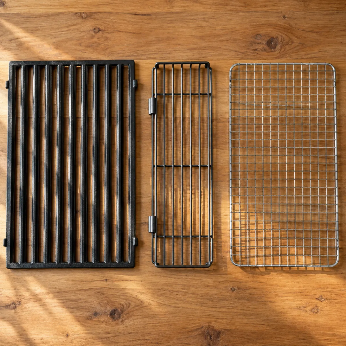 Grill grate, warming rack and kitchen cooling rack laid side by side for comparison