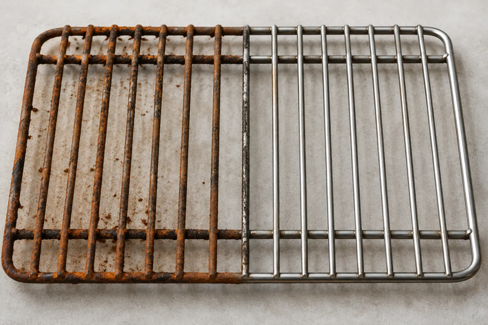 Rusted grill grate next to a clean stainless grate showing when to replace