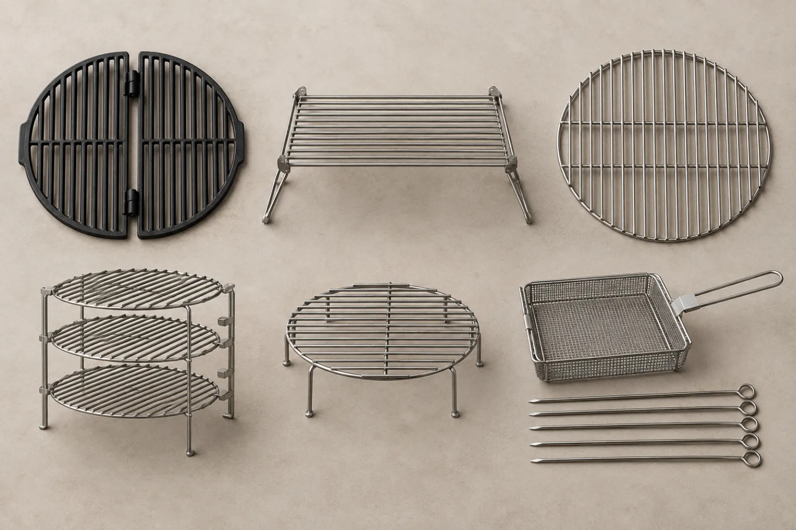Six grill racks of different sizes and materials arranged for comparison