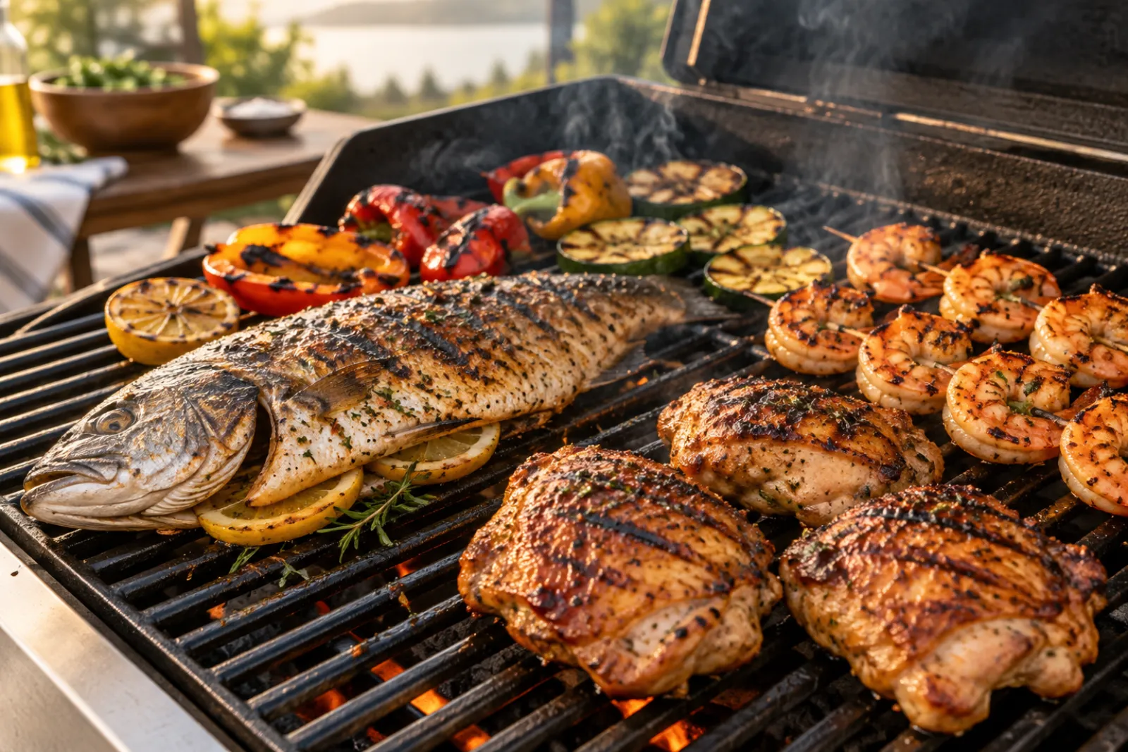 Fish fillets, chicken thighs, shrimp skewers and vegetables cooking on a grill rack